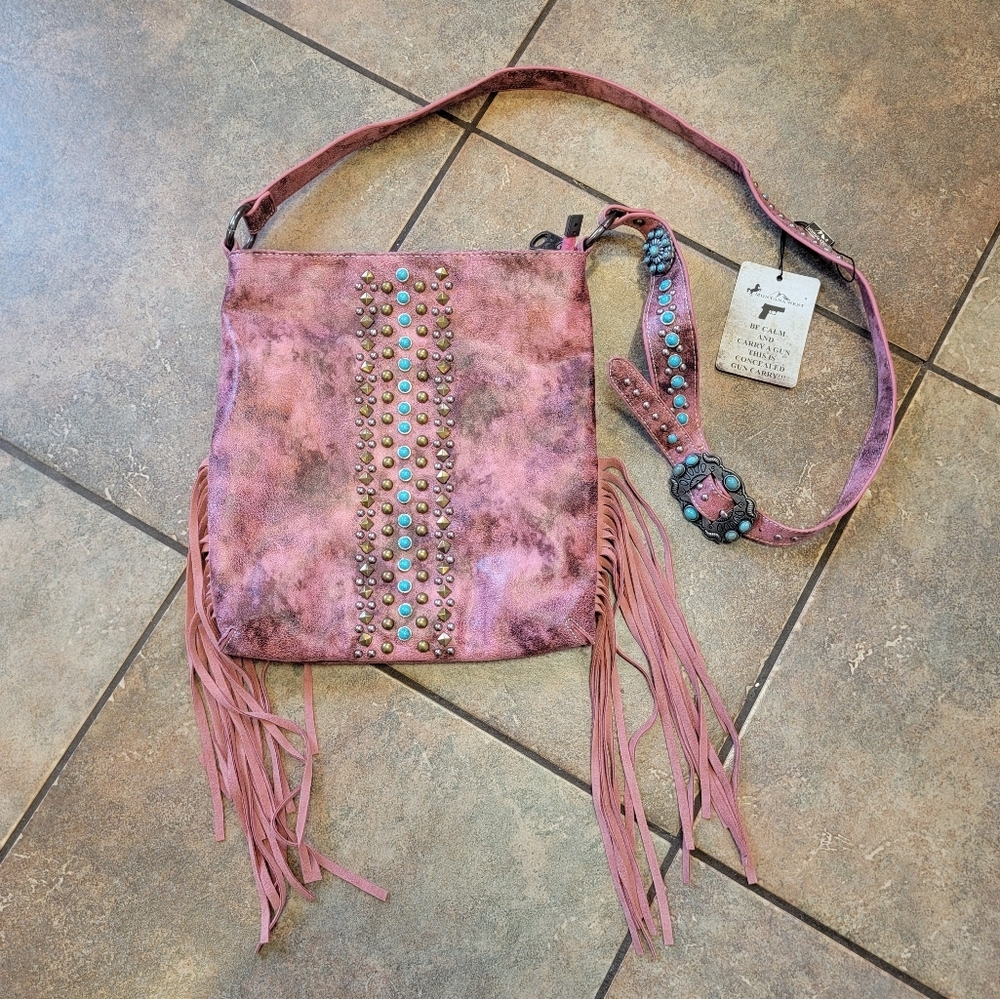 NWT Montana West Concealed Carry  Pink Crossbody Turquoise, studs, Frindge